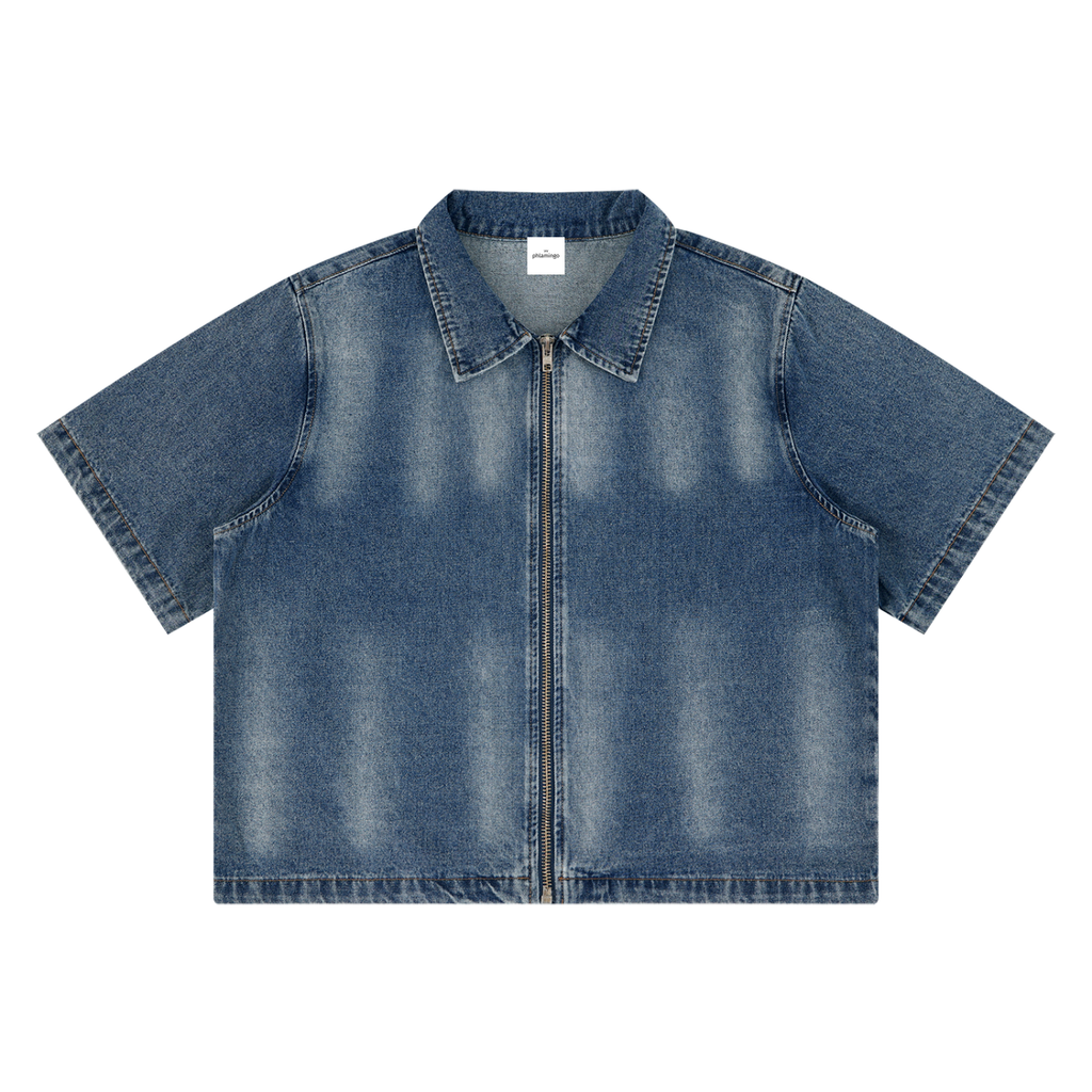Unisex Vintage Washed Full-Zip Denim Shirt